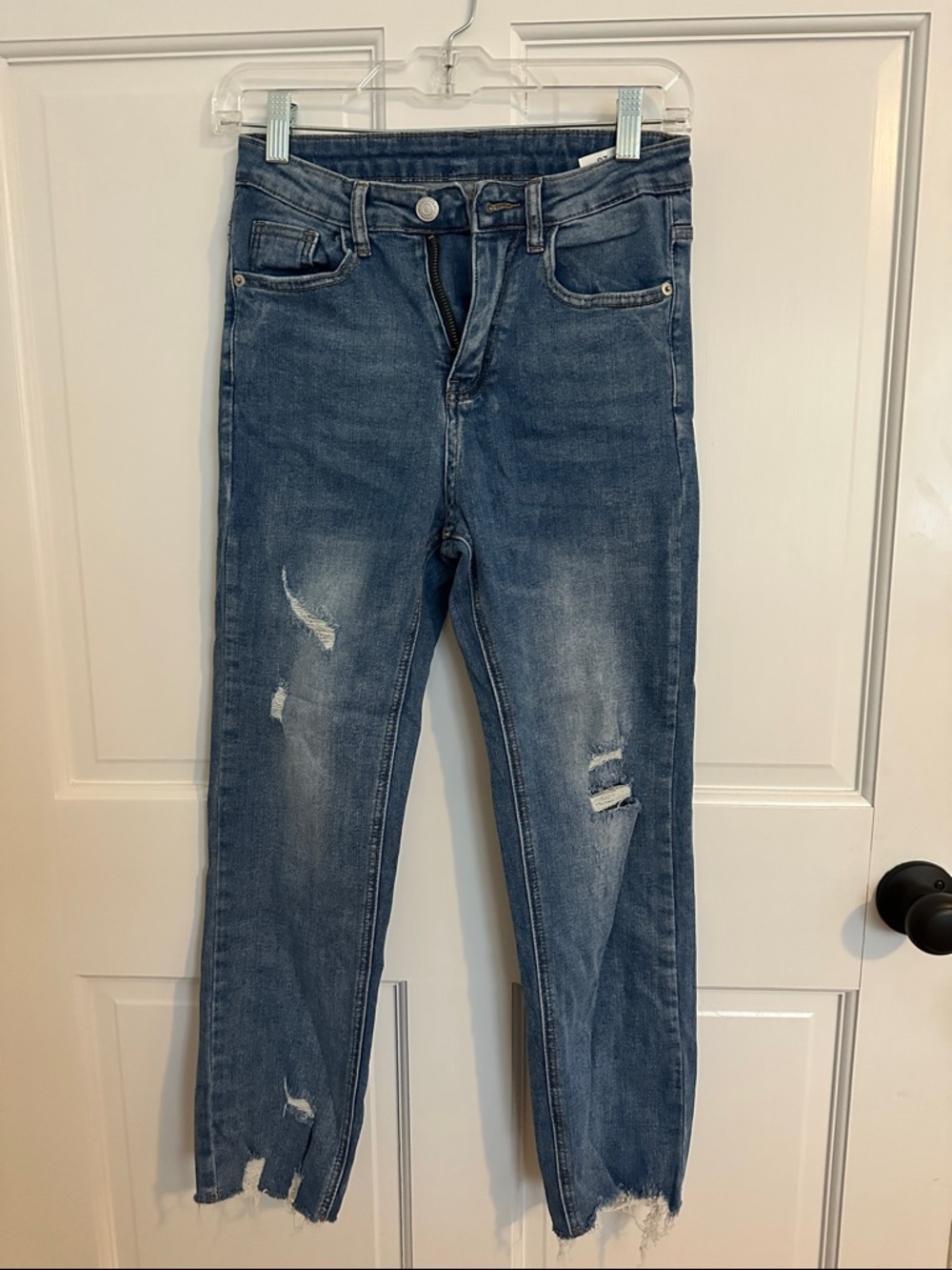 Distressed Mid-Blue High-Rise Jeans